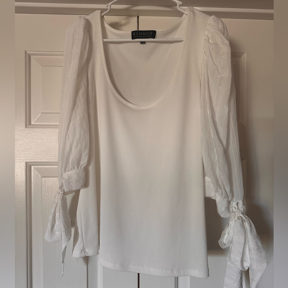 Eloquii White Puff Sleeve Blouse with Tie Front